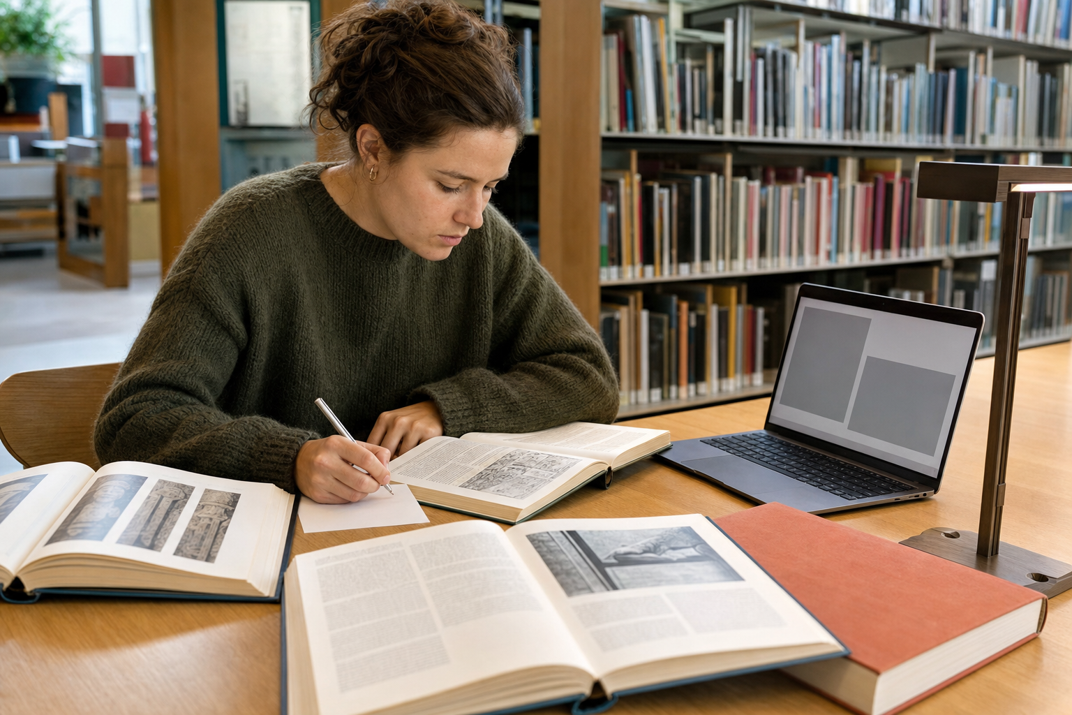 Een lezer vergelijkt boeken en digitale informatie aan een bibliotheektafel