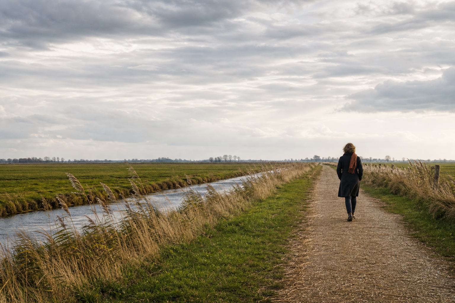 Een wandelaar op een rustig pad langs riet en water in een open polder
